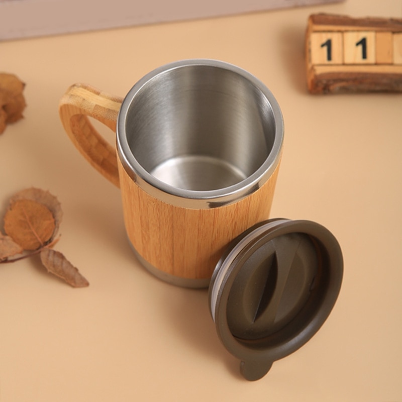 Stainless Steel Bamboo Mug With Lid and Handle Natural Wooden Light Coffee Tea  Mug Non-breakable Design 100% Eco and Environmentally Safe 